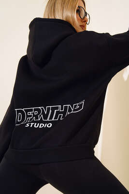 Ön Arka Baskılı Kapüşonlu Sweatshirt Siyah - Kadın Giyim Modelleri