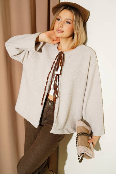 Ön Bağcık Detaylı Hırka Taş - Kadın Giyim Modelleri