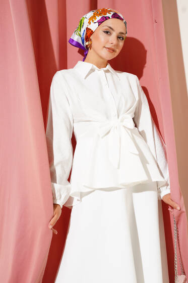 Ön Bağlamalı Kol Lastikli Tunik Ekru - Tunik