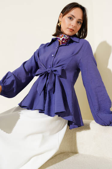 Ön Bağlamalı Kol Lastikli Tunik Mor - Tunik