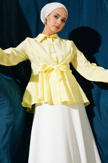 Ön Bağlamalı Kol Lastikli Tunik Sarı - Tunik