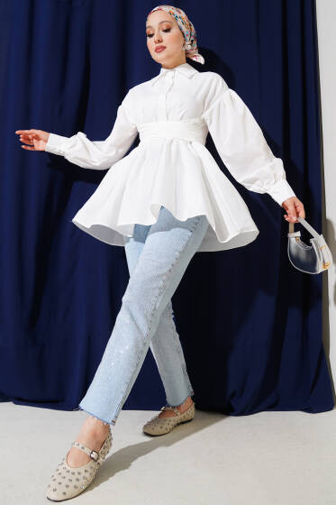 Ön Bağlamalı Yarım Düğmeli Tunik Beyaz - Tunik