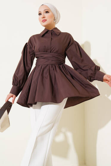 Ön Bağlamalı Yarım Düğmeli Tunik Kahve - Tunik