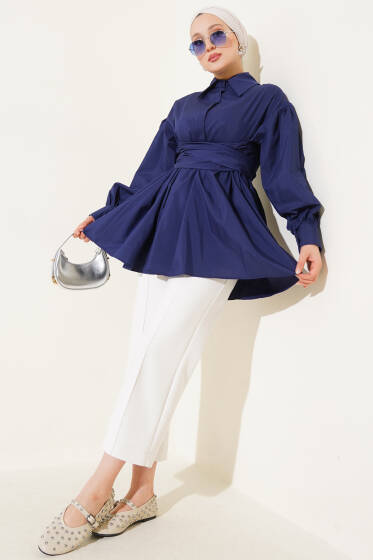 Ön Bağlamalı Yarım Düğmeli Tunik Lacivert - Tunik