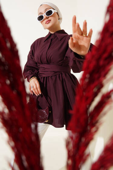 Ön Bağlamalı Yarım Düğmeli Tunik Mürdüm - Tunik