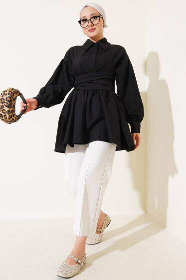 Ön Bağlamalı Yarım Düğmeli Tunik Siyah - Tunik