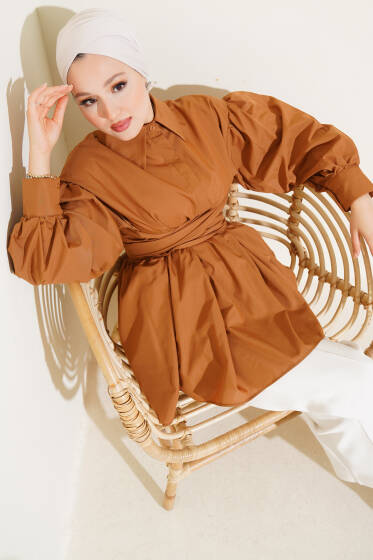 Ön Bağlamalı Yarım Düğmeli Tunik Taba - Tunik