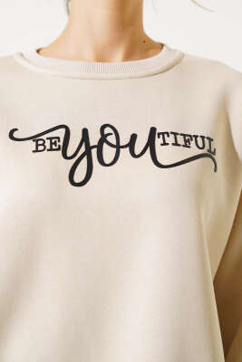 Ön Baskılı Şardonlu Sweatshirt Bej - Kadın Giyim Modelleri