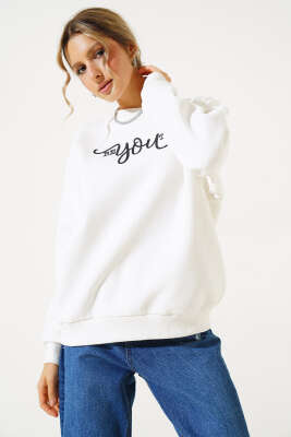 Ön Baskılı Şardonlu Sweatshirt Ekru - Kadın Giyim Modelleri