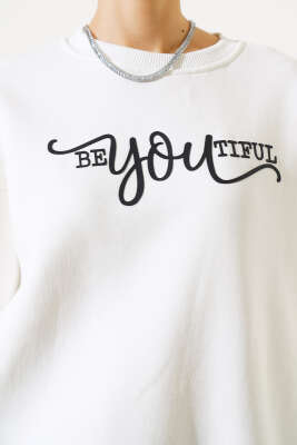 Ön Baskılı Şardonlu Sweatshirt Ekru - Kadın Giyim Modelleri