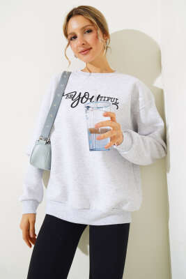 Ön Baskılı Şardonlu Sweatshirt Gri - Kadın Giyim Modelleri