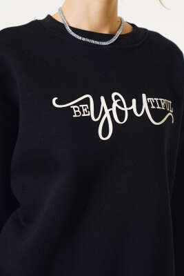 Ön Baskılı Şardonlu Sweatshirt Siyah - Kadın Giyim Modelleri