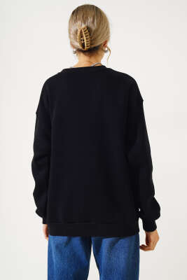 Ön Baskılı Şardonlu Sweatshirt Siyah - Kadın Giyim Modelleri