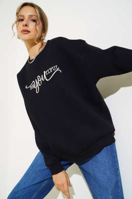 Ön Baskılı Şardonlu Sweatshirt Siyah - Kadın Giyim Modelleri
