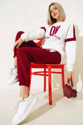 ON Baskılı Üç İplik Sweat İkili Takım Bordo - YÖNE TEKSTİL