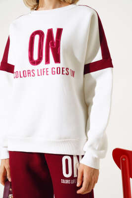 ON Baskılı Üç İplik Sweat İkili Takım Bordo - Kadın Giyim Modelleri