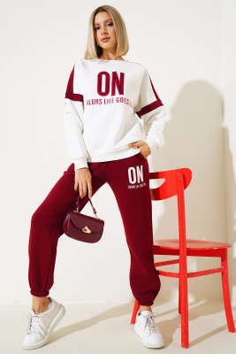 ON Baskılı Üç İplik Sweat İkili Takım Bordo - Kadın Giyim Modelleri