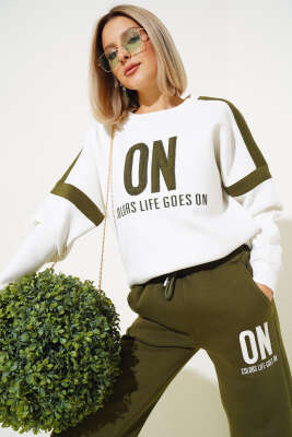 ON Baskılı Üç İplik Sweat İkili Takım Haki - Kadın Giyim Modelleri