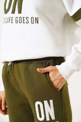 ON Baskılı Üç İplik Sweat İkili Takım Haki - Kadın Giyim Modelleri