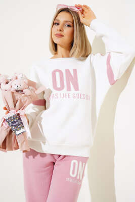 ON Baskılı Üç İplik Sweat İkili Takım Pembe - Kadın Giyim Modelleri