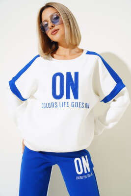 ON Baskılı Üç İplik Sweat İkili Takım Saks - Kadın Giyim Modelleri