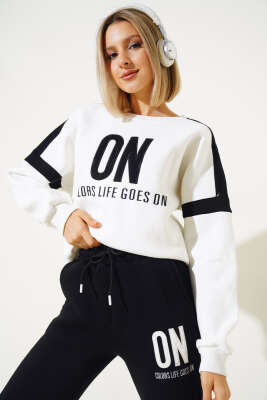 ON Baskılı Üç İplik Sweat İkili Takım Siyah - Kadın Giyim Modelleri