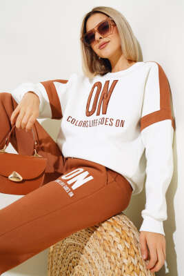 ON Baskılı Üç İplik Sweat İkili Takım Taba - Kadın Giyim Modelleri