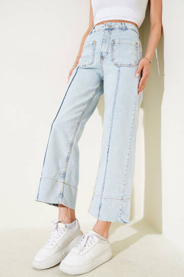 Ön Cepli Wide Leg Kot Pantolon Buz Mavisi - Kadın Giyim Modelleri