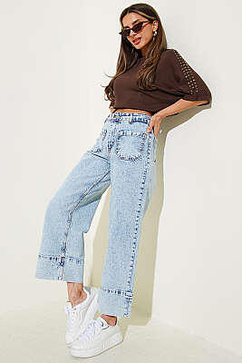 Ön Cepli Wide Leg Kot Pantolon Kar Açık - Kadın Giyim Modelleri