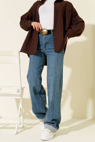 Ön Dikişli Palazzo Kot Pantolon Açık Mavi - Pantolon