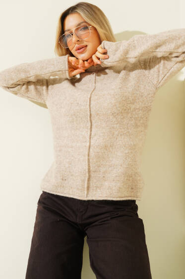 Ön Dikişli Triko Kazak Bej - Kadın Giyim Modelleri