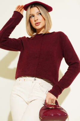 Ön Dikişli Triko Kazak Bordo - Kadın Giyim Modelleri