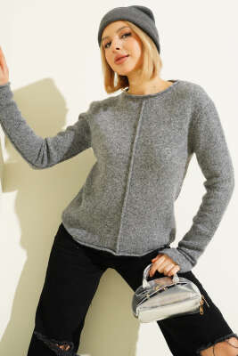 Ön Dikişli Triko Kazak Gri 