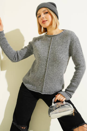 Ön Dikişli Triko Kazak Gri - Kadın Giyim Modelleri