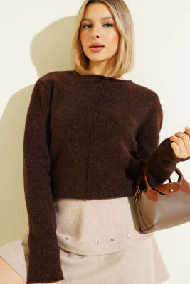 Ön Dikişli Triko Kazak Kahve 