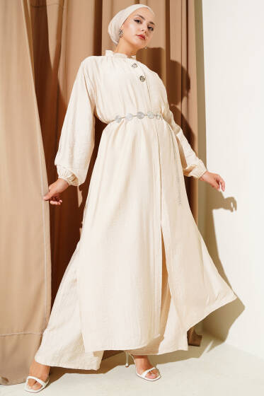 Ön Düğme Detaylı Bağcıklı İkili Takım Bej - İkili Takım