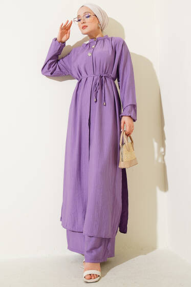 Ön Düğme Detaylı Bağcıklı İkili Takım Lila - İkili Takım