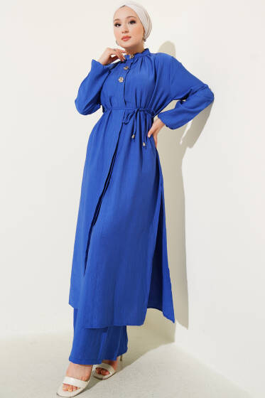 Ön Düğme Detaylı Bağcıklı İkili Takım Saks - İkili Takım