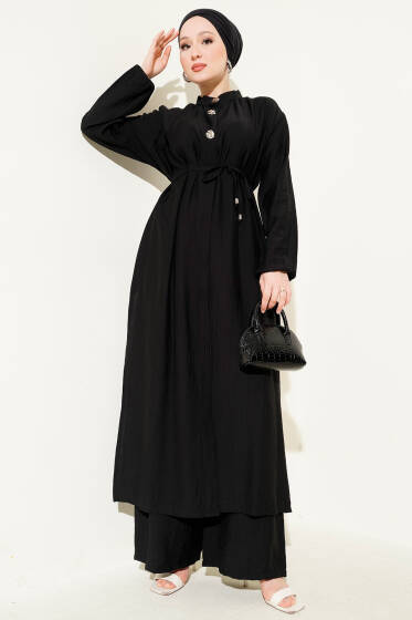 Ön Düğme Detaylı Bağcıklı İkili Takım Siyah - İkili Takım