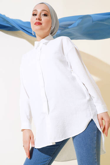 Ön Düğmeli Salaş Tunik Beyaz - Tunik