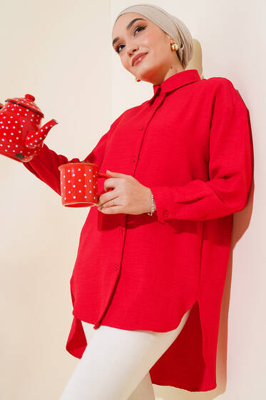 Ön Düğmeli Salaş Tunik Kırmızı - Tunik