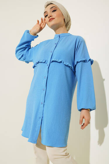 Ön Kol Fırfırlı Gömlek Mavi - Gömlek