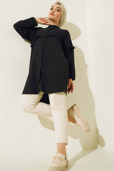 Ön Kol Fırfırlı Gömlek Siyah - Gömlek