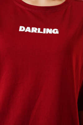 Ön ve Arka Kabartma Baskılı T-shirt Bordo - Kadın Giyim Modelleri