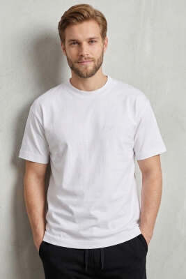 Ön Ve Arka Nakışlı Oversize Erkek T-shirt Beyaz - DEEP POİNT