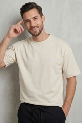 Ön Ve Arka Nakışlı Oversize Erkek T-shirt Kemik - DEEP POİNT