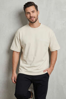 Ön Ve Arka Nakışlı Oversize Erkek T-shirt Kemik - Erkek T-shirt