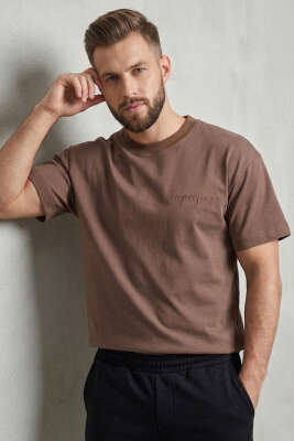 Ön Ve Arka Nakışlı Oversize Erkek T-shirt Vizon - DEEP POİNT