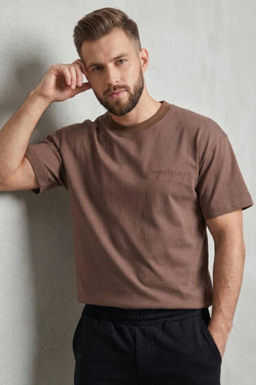 Ön Ve Arka Nakışlı Oversize Erkek T-shirt Vizon - Erkek T-shirt