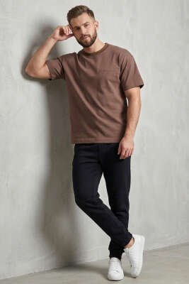 Ön Ve Arka Nakışlı Oversize Erkek T-shirt Vizon - Erkek T-shirt